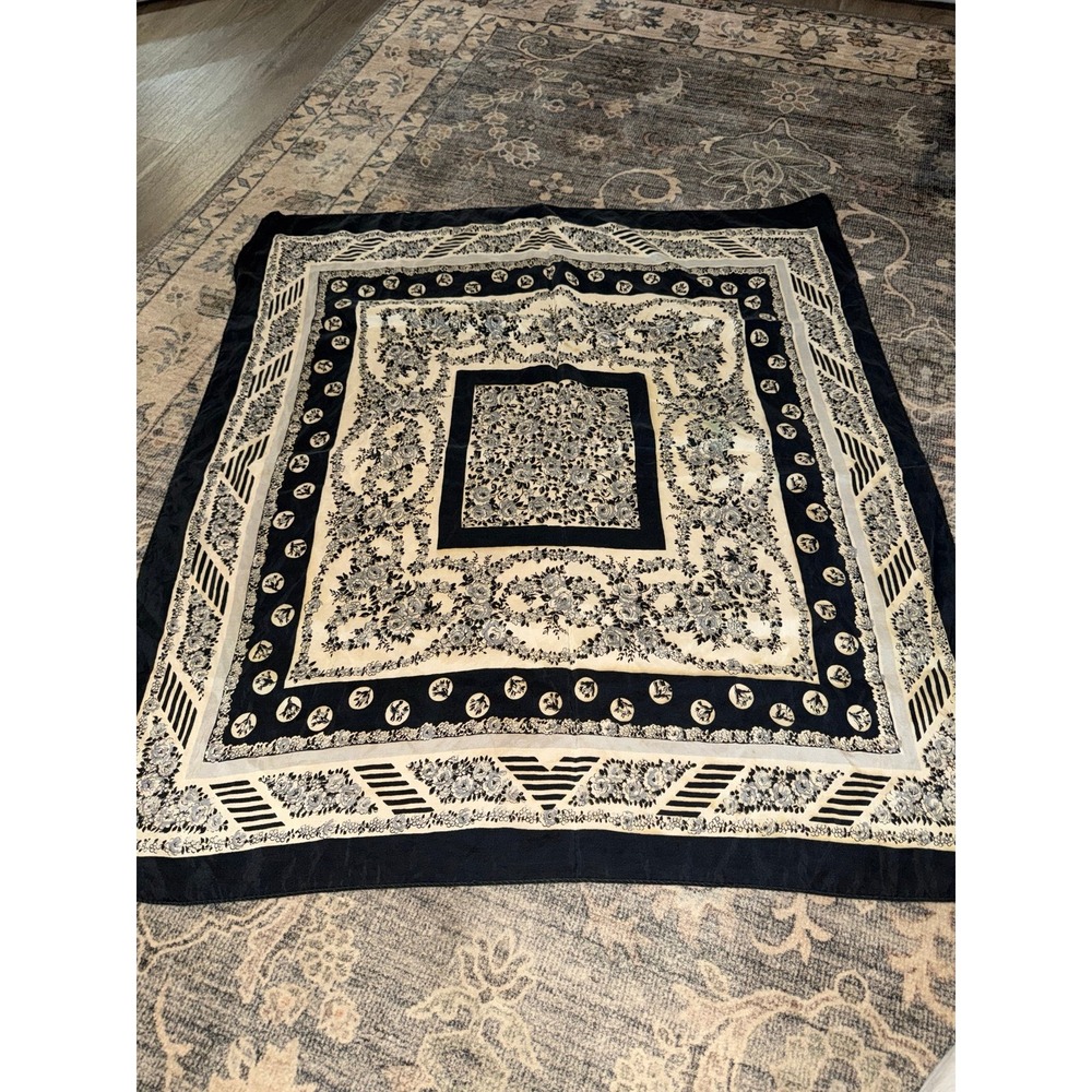 Large Gray White Floral Pattern Silk Scarf Vintage